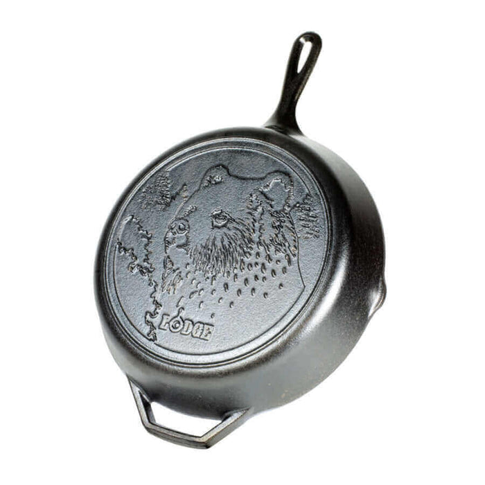 Lodge 12" Wildlife Series Cast Iron Skillet with Bear design, seasoned cooking surface, made in the USA, collectible cookware.