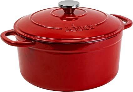 Lodge 5.5 Quart Red Enameled Cast Iron Dutch Oven from Cabin Depot, perfect for versatile cooking and stylish kitchenware.