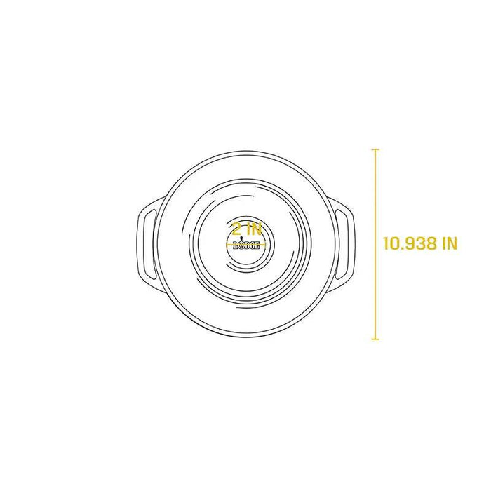 Diagram of Lodge 6 Quart Enameled Cast Iron Dutch Oven showing top view and measurement of 10.938 inches in diameter.