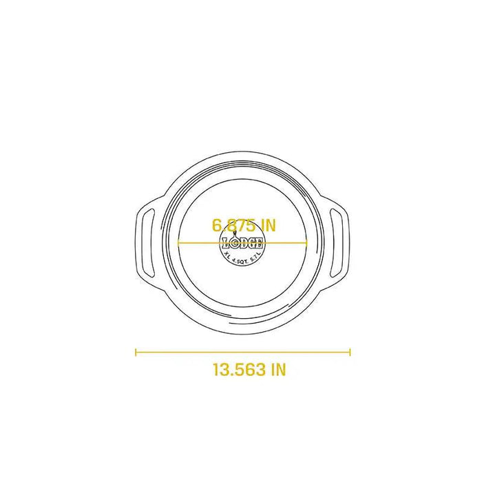 Diagram of Lodge 6 Quart Enameled Cast Iron Dutch Oven top view with dimensions 6.875 inches in diameter and 13.563 inches width.