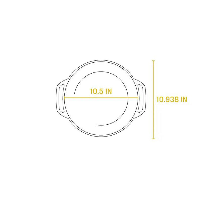 Diagram of Lodge 6 Quart Enameled Cast Iron Dutch Oven with measurements; width 10.5 inches, height 10.938 inches.