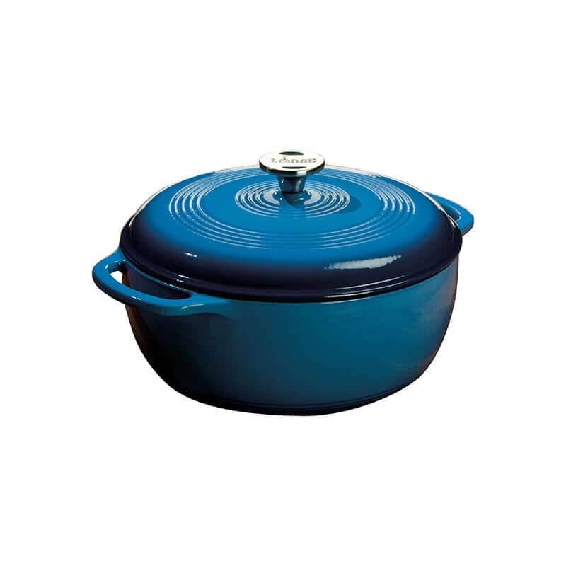 Lodge 6 Quart Blue Enameled Cast Iron Dutch Oven from Cabin Depot, perfect for broiling, braising, and baking in oven or stovetop.