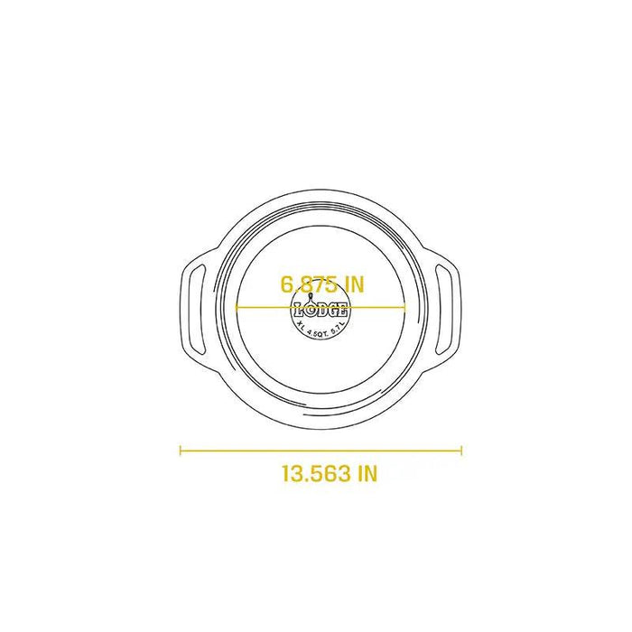 Top view dimensions of Lodge 6 Quart Enameled Cast Iron Dutch Oven showing 6.875-inch width and 13.563-inch handle-to-handle length.