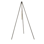 Lodge 60-inch Camp Tripod with chain from Cabin Depot, perfect for outdoor cooking, made of solid steel for stable heat distribution.