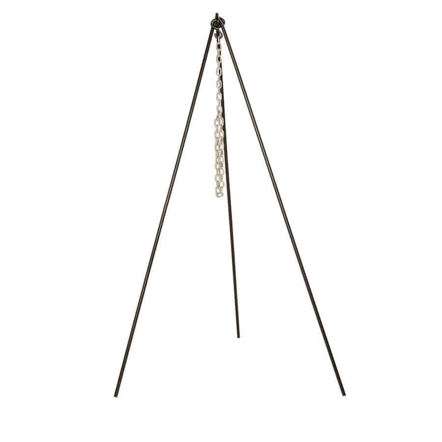 Lodge 60-inch Camp Tripod with chain from Cabin Depot, perfect for outdoor cooking, made of solid steel for stable heat distribution.