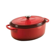 Lodge 7 Quart Red Enameled Cast Iron Dutch Oven from Cabin Depot, versatile for cooking and baking at high temperatures.