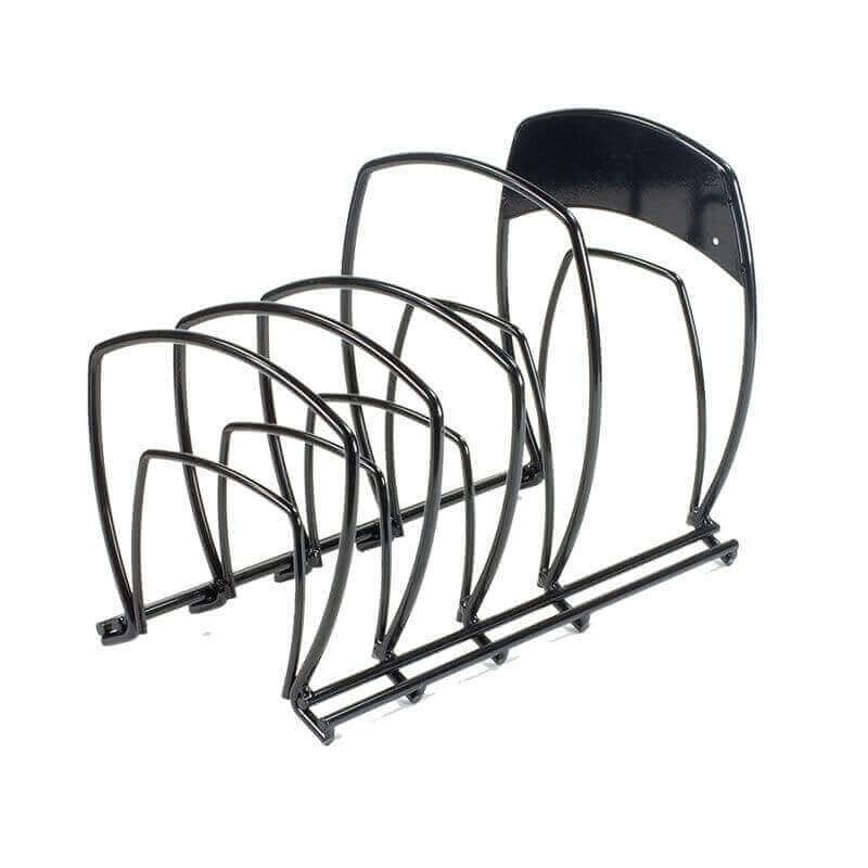 Lodge Cookware Organizer from Cabin Depot, featuring a 5-tier matte black finish for vertical or horizontal storage of cast iron cookware.