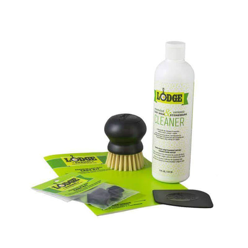 Lodge Enameled Cast Iron and Stoneware Care Kit with cleaner, scrub brush, pan scraper, and pot protectors.