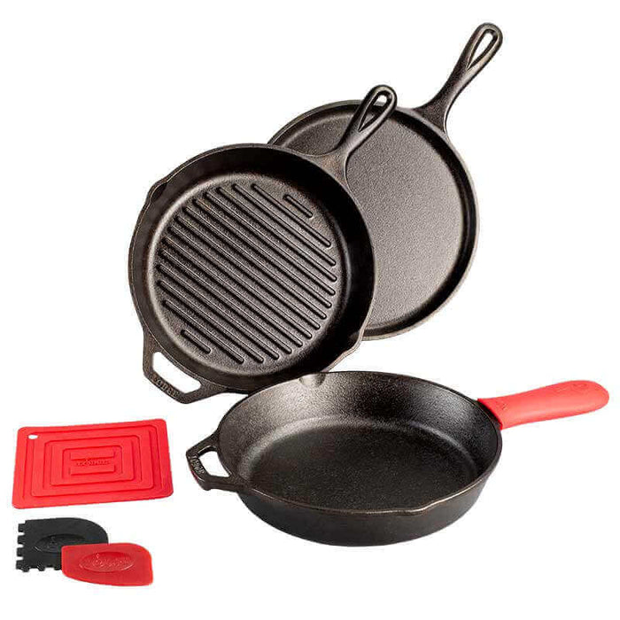 Lodge Essential Pan Set 6 Piece with cast iron skillets and accessories, seasoned with natural vegetable oil, crafted in America.