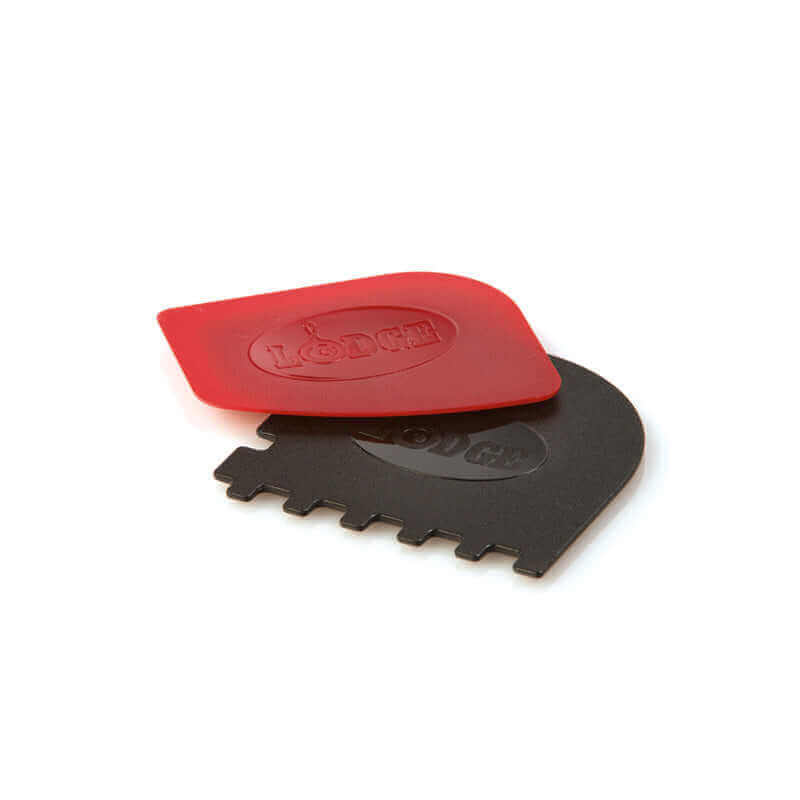 Set of 2 Lodge grill pan scrapers made of polycarbonate for easy cast iron cleaning, available at Cabin Depot.