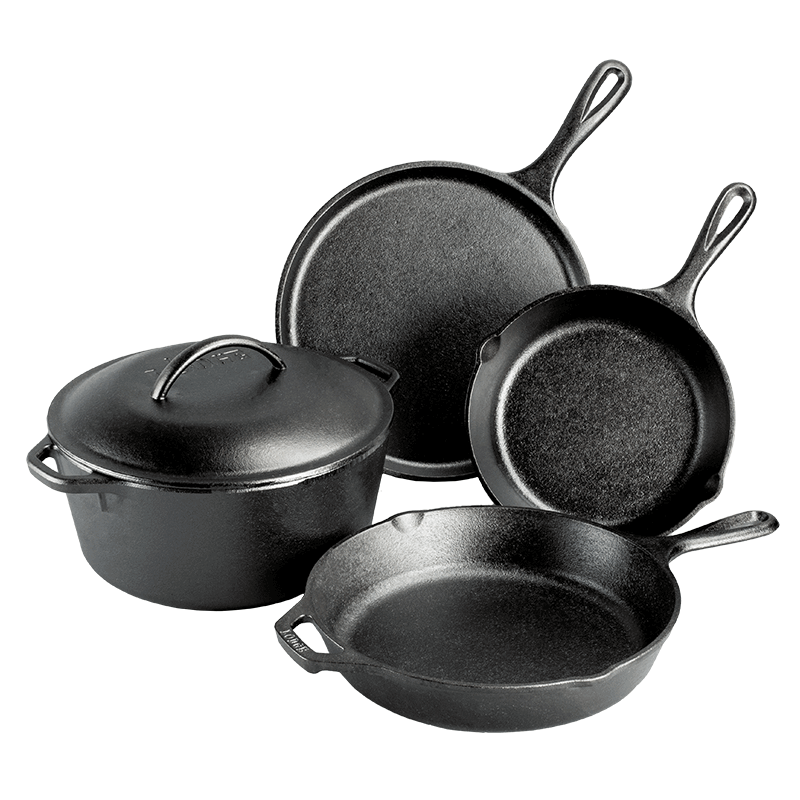 Lodge Pro-Logic Cookware Set 5 Piece by Cabin Depot, cast iron kitchen essentials seasoned with natural oil for durable cooking.