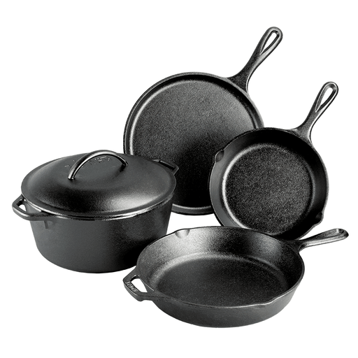 Lodge Pro-Logic 5-piece cookware set featuring seasoned cast iron pans and pot, ideal for versatile cooking and even heat retention.