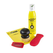 Lodge Seasoned Cast Iron Care Kit with spray, pan scraper, handle holder, and brush from Cabin Depot.