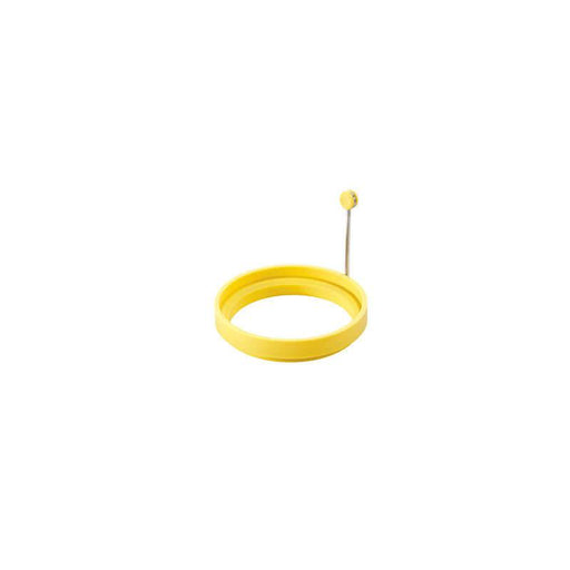 Yellow Lodge silicone egg ring with folding handle for perfect fried eggs, heat resistant up to 450°F and dishwasher safe.