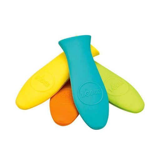 Colorful Lodge silicone hot handle holders for cast iron cookware, protects hands from heat up to 450°F.