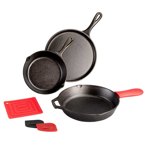 Lodge Skillet Set 6 Piece, cast iron skillets with handles and red accessories, seasoned with natural vegetable oil for cooking.