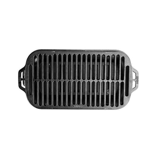 Lodge Sportsman's Pro Cast Iron Grill top view with removable grate, perfect for BBQs and tailgating.