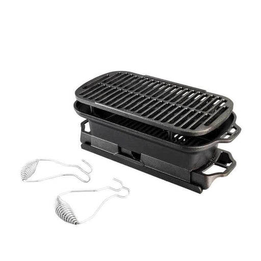 Lodge Sportsman's Pro Cast Iron Grill with removable grill grate and handles for easy assembly and cleanup. Perfect for BBQ and tailgating.