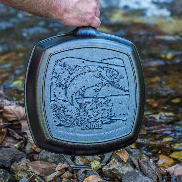 Lodge 10.5" Wildlife Series Cast Iron Grill Pan with Fish Design by River