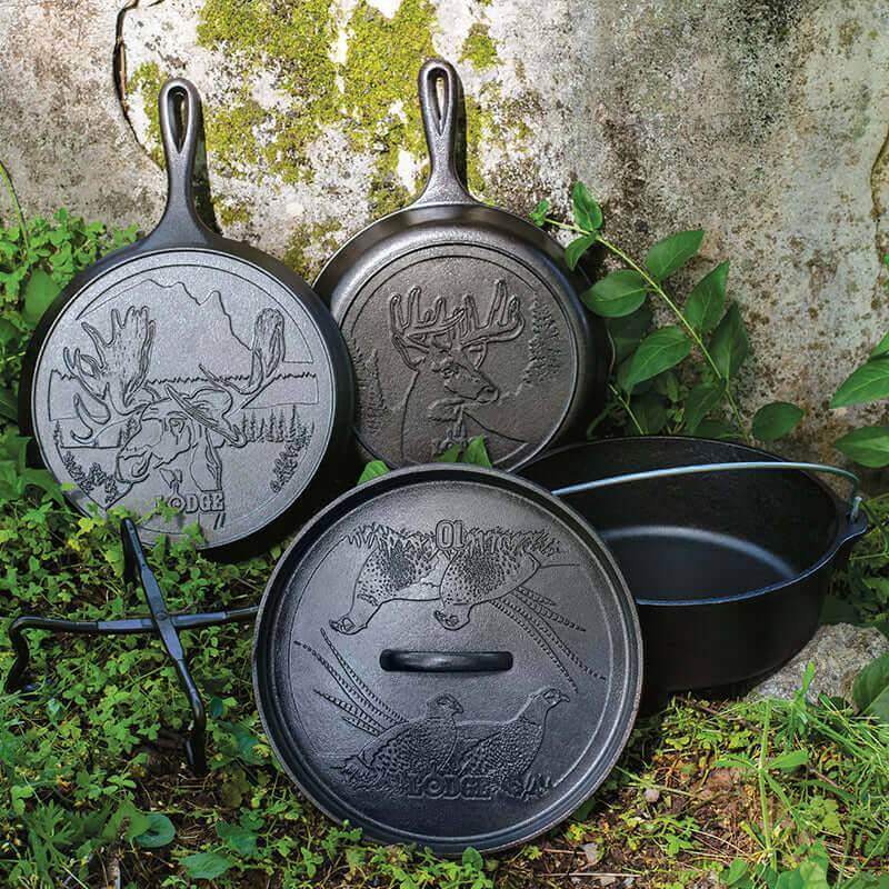 Lodge Wildlife Series Cookware Set 5 Piece with detailed animal designs, perfect for cabin cooking. Available at Cabin Depot.