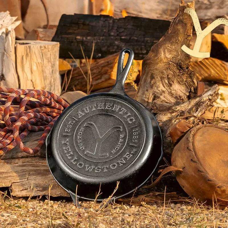 Lodge 10.25" Yellowstone Cast Iron Y Skillet by Cabin Depot, featuring Dutton Ranch Y design, perfect for home or adventure cooking.