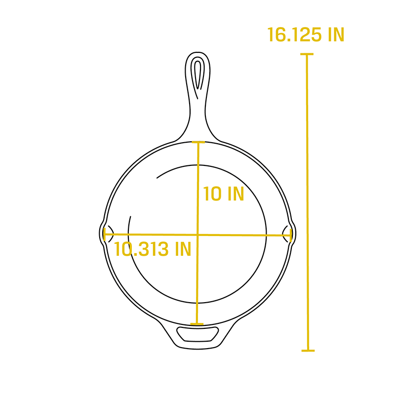 Diagram of Lodge 10.25" Yellowstone cast iron skillet with dimensions 16.125" x 10.313", available at Cabin Depot