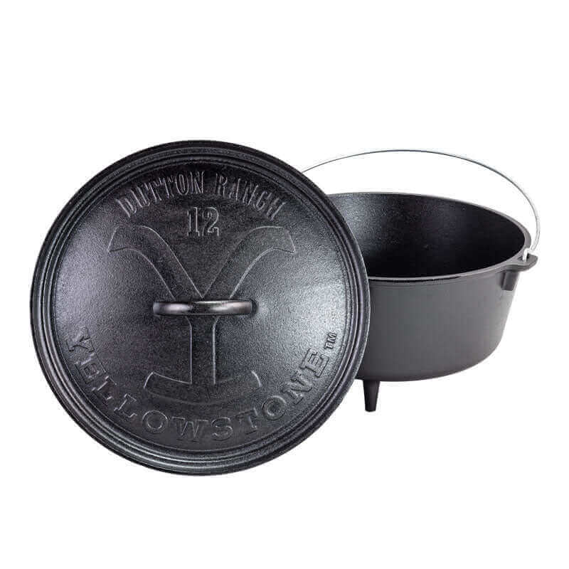 Lodge 12" 8 Quart Yellowstone Cast Iron Dutch Oven with Power Y Lid, available at Cabin Depot for outdoor cooking enthusiasts.