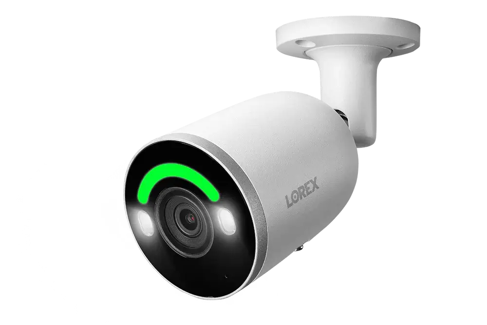 Lorex E894AB-E 4K IP Smart Detection Camera with LED, available at Cabin Depot, showcasing a sleek white bullet design.