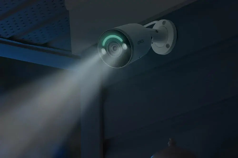 Lorex 4K IP Smart Detection Camera mounted with LED lighting, available at Cabin Depot for enhanced residential and commercial security.