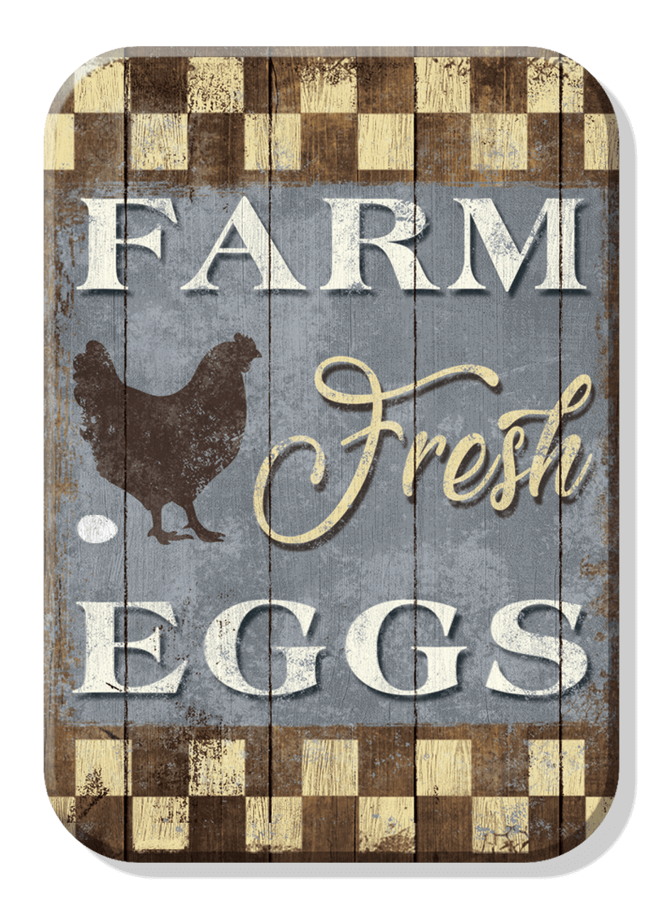 Rustic wooden sign with "Farm Fresh Eggs" text and chicken silhouette, ideal for kitchen or cabin decor. Cabin Depot humorous magnet.