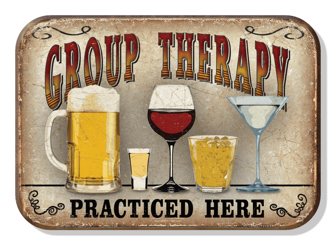 Alt Tag: Vintage Group Therapy magnet featuring beer, wine, whiskey, and martini glasses for humorous cabin decor by Cabin Depot.