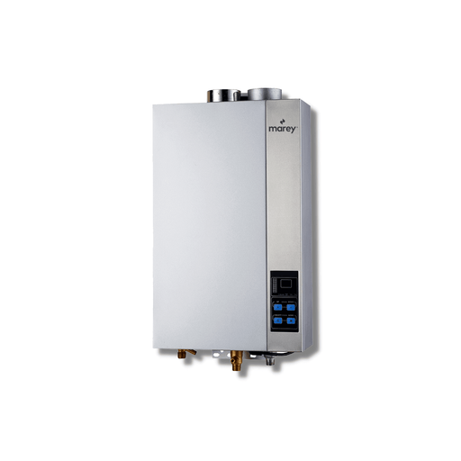 Marey 14L direct vent indoor tankless water heater with sleek design, ideal for home or commercial use, offering continuous hot water.