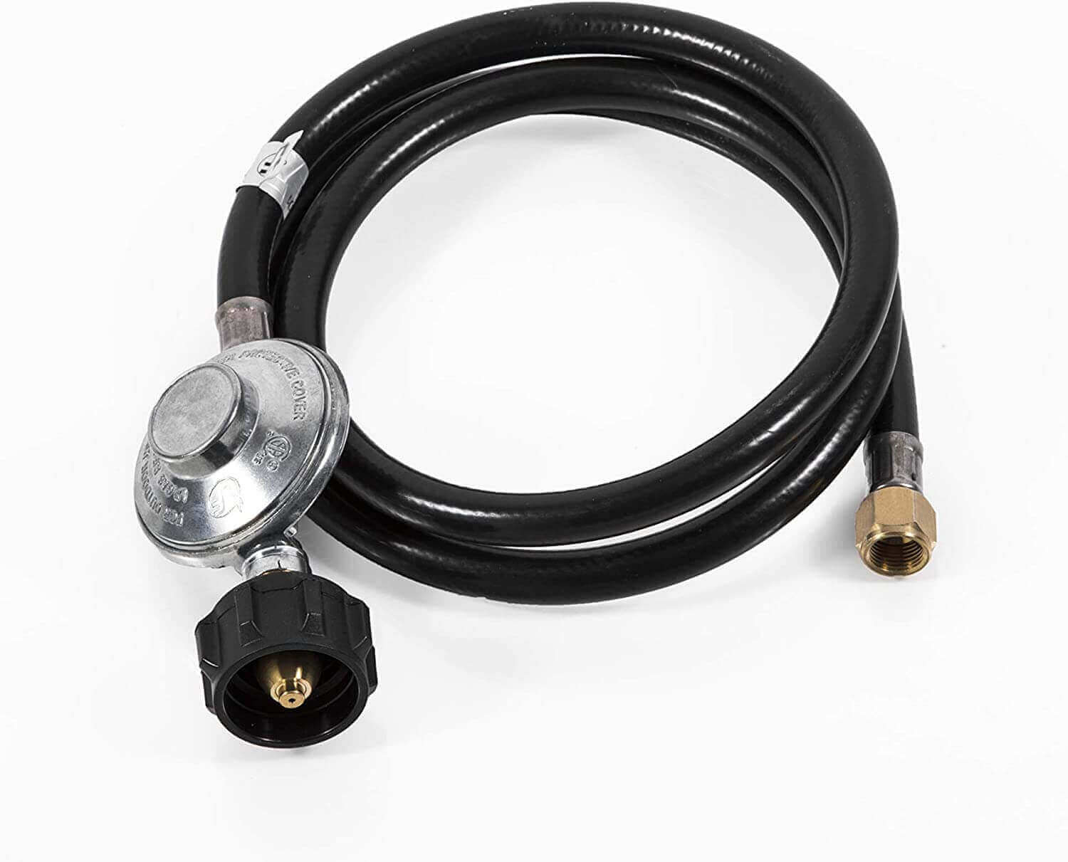 Martin 12' low pressure propane hose kit with regulator and 3/8 female flare, available at Cabin Depot.