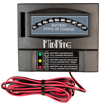 MidNite Battery Capacity Meter with LED indicators for voltage and charge status, featuring auto-sensing for various battery voltages.