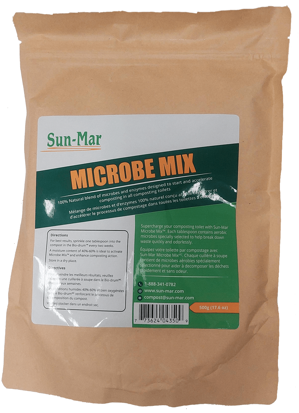 Sun-Mar Microbe Mix 17.6 oz for composting, available at Cabin Depot. Enhances bacterial activity for efficient decomposition.