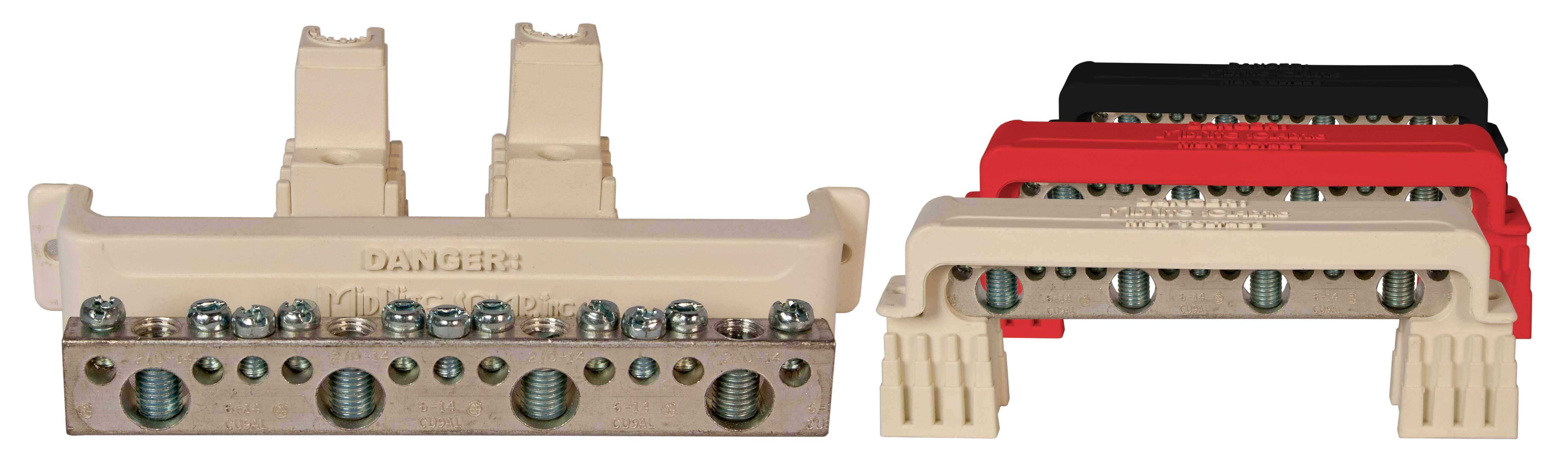 MidNite 15 Terminal Bus Bar in black, white, and red variants, ideal for Cabin Depot projects, NRTL recognized, indoor use. Includes mounting screws.