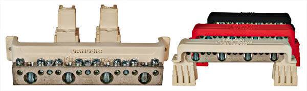 Red MidNite 15 Terminal Bus Bar with 5" 2/0 Busbar, ideal for Cabin Depot, includes insulator, cover, and mounting screws. Indoor use. USA made.