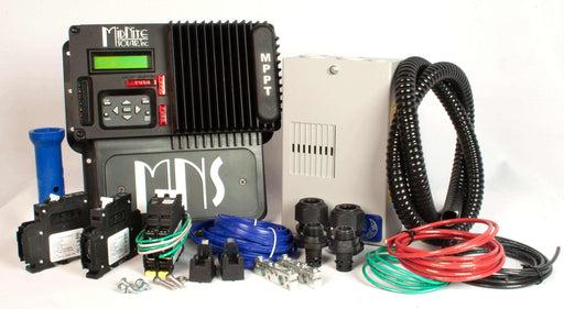 MidNite Kid MPPT Charge Controller Kit with breakers, wires, Big BABY box, and accessories for solar power systems.