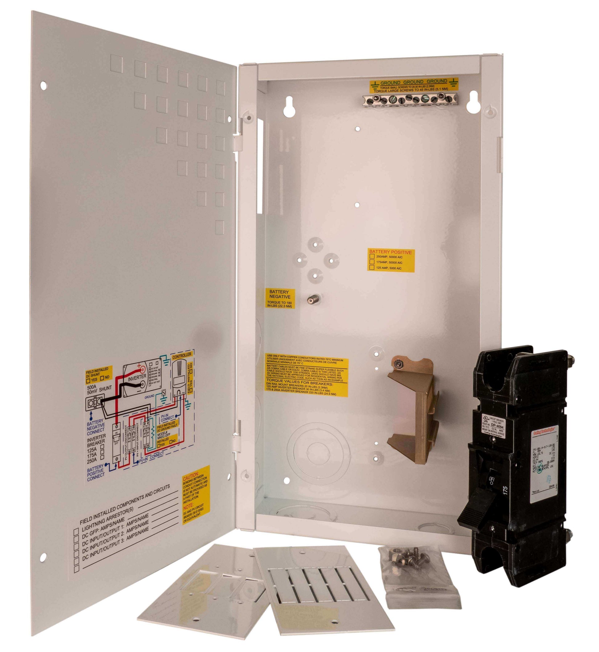 MidNite 250A Mini DC Disconnect with white powder coated aluminum chassis, featuring dinrail and panel mount breaker slots - Cabin Depot
