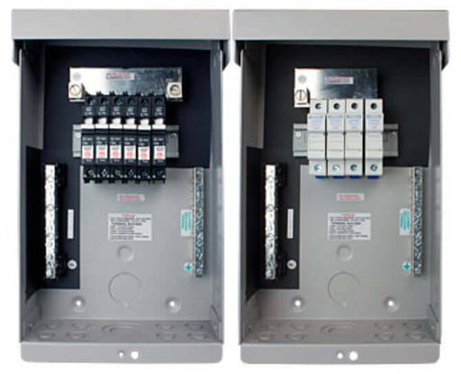 MidNite MNPV6 PV Combiner Box with breakers and fuses, gray aluminum type 3R rainproof enclosure, for charge controllers and inverters.