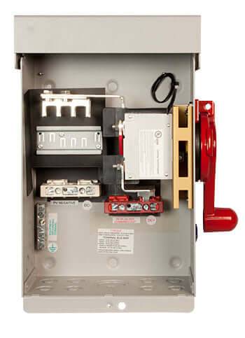 MNPV4HV-DISCO 3R-BSC Disconnecting Combiner with lockable red handle by Cabin Depot, 80 Amp Busbars, 100 Amp load break, 600V max, Type 3R.