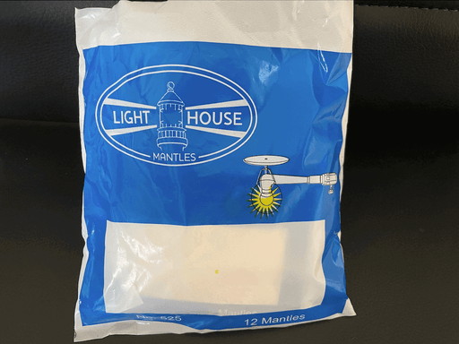 Blue and white Lighthouse Mantles 12-pack packaging for propane lanterns, featuring illustration and lighthouse logo.