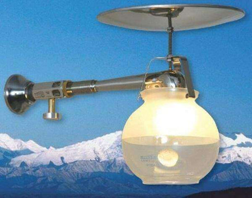 Midstate Model 450 Propane Lamp with adjustable brightness against mountain backdrop, 100 watt equivalent, no power needed.