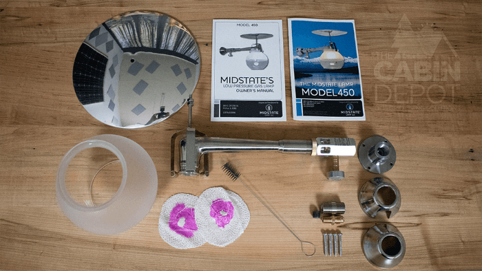 Midstate Model 450 Propane Lamp parts laid out from The Cabin Depot, showcasing components for assembly, highest quality indoors gas light, USA-made.