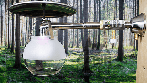 Midstate Model 450 Propane Lamp in forest, adjustable brightness, 100 watt equivalent, OTL certified, indoor gas light fixture.