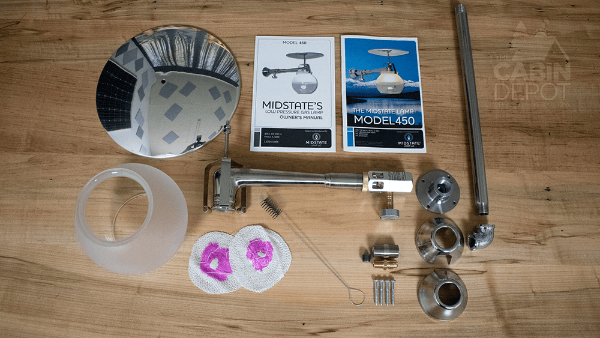 Midstate Model 450 Propane Lamp parts and accessories from Cabin Depot, featuring ceiling mount components and assembly guide.