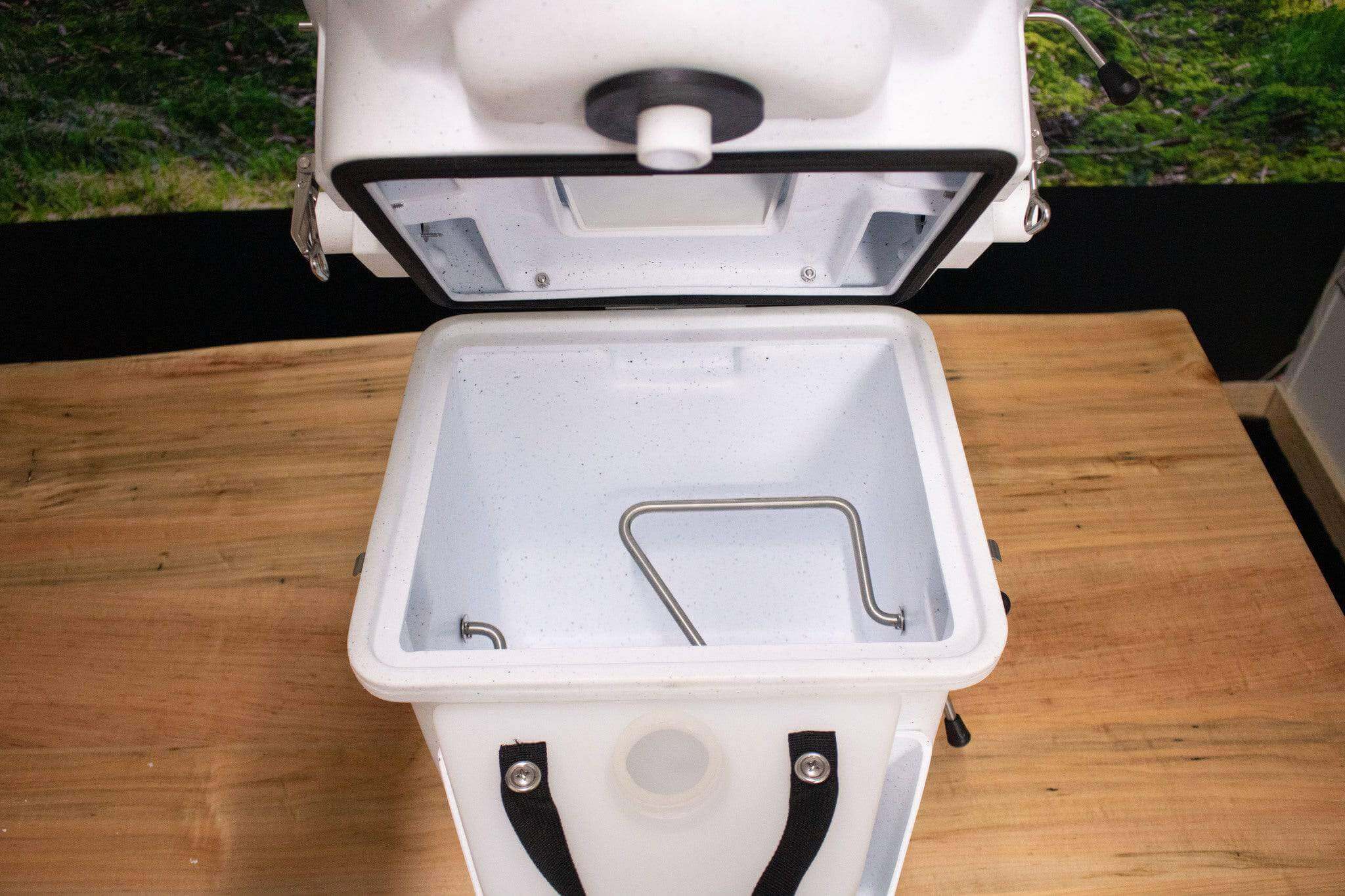 Nature's Head Composting Toilet with Foot Spider Handle open view - Cabin Depot