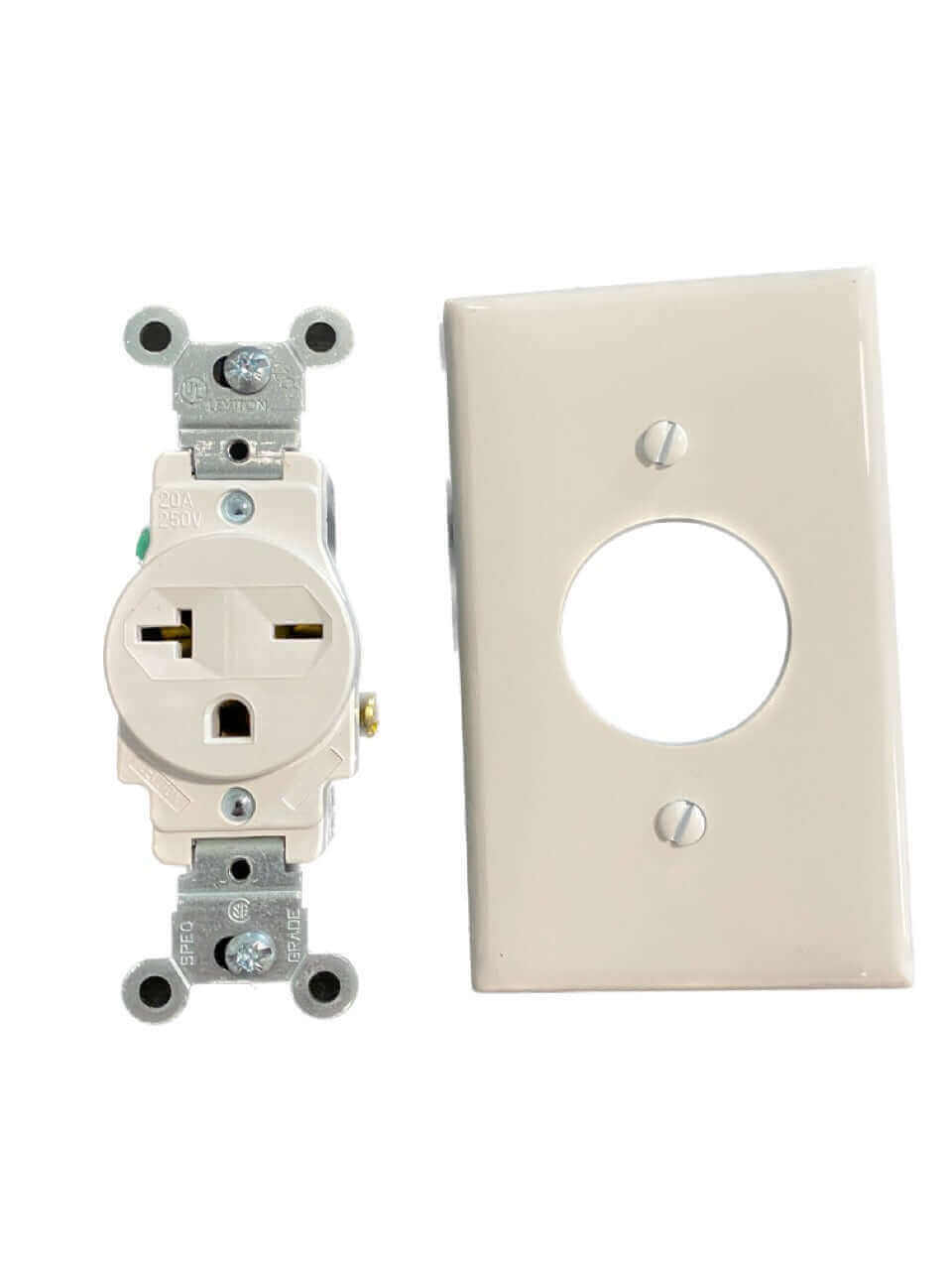 Kedron 6-20R Outlet and white cover for Cabin Depot, UL listed 20A-250V receptacle with heavy-duty contacts for Cinderella Comfort installations.