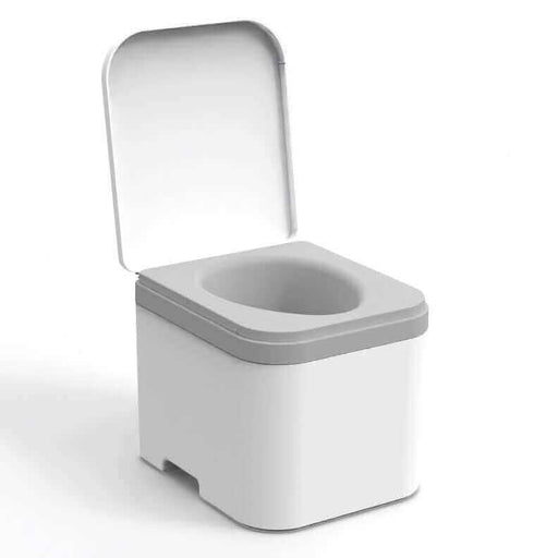 OGO Nomad compost toilet with modern design and urine diverting bowl, open lid showcasing compostable bag compartment.