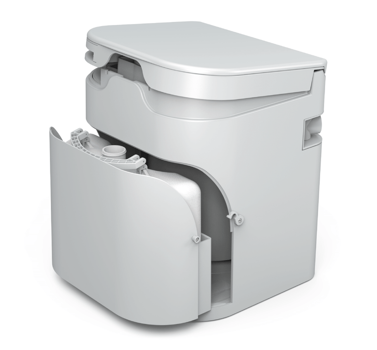 OGO Composting Toilet in white with open front compartment, ideal for RVs and tiny homes.